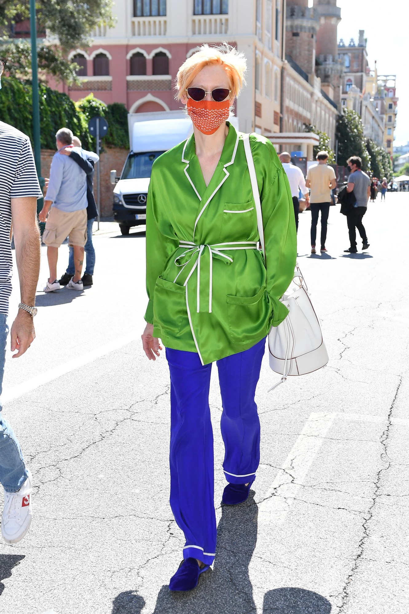 tilda swinton wearing silk PJs in venice, 2020