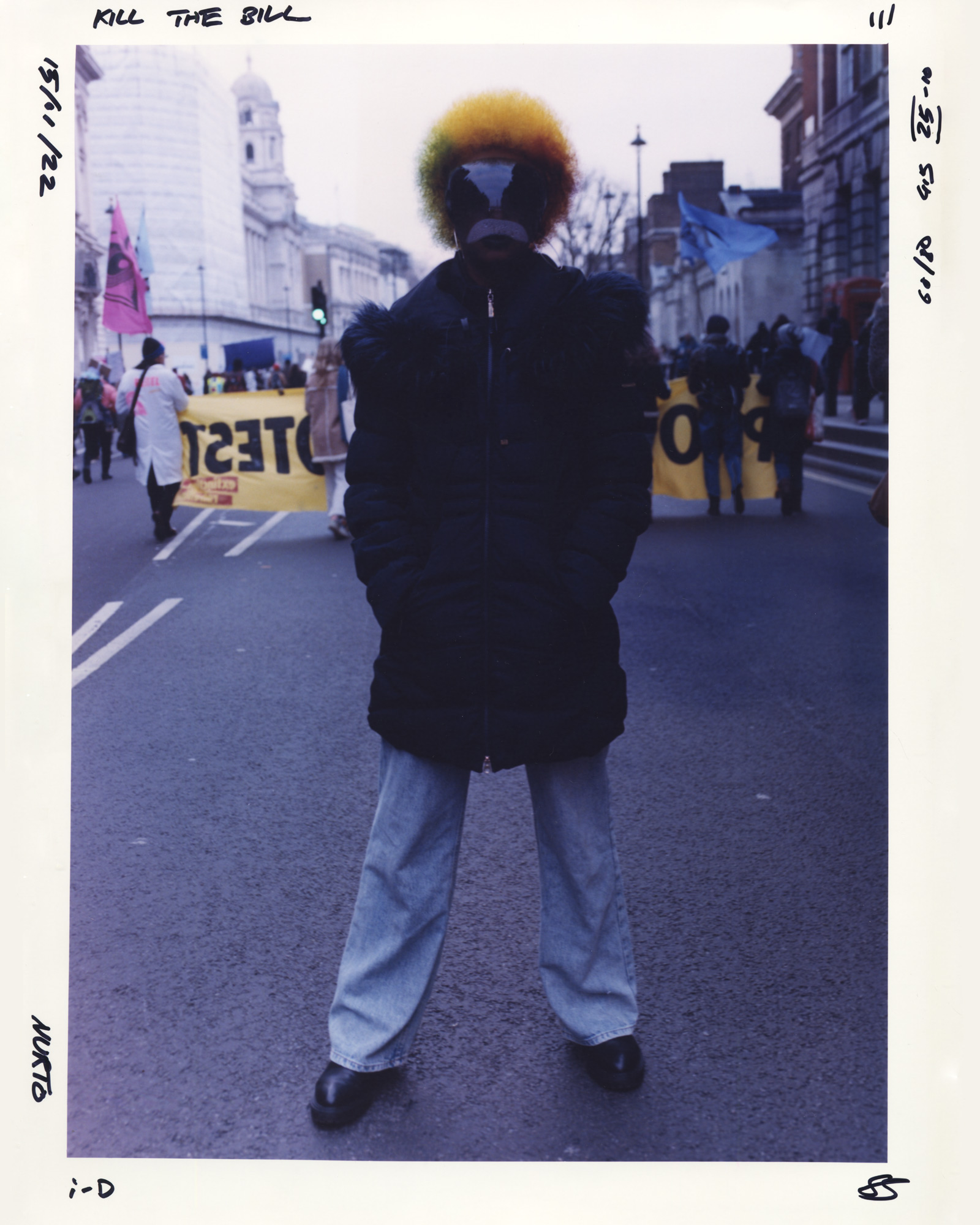 Protester with rainbow hair and face paint at the Kill the Bill protest