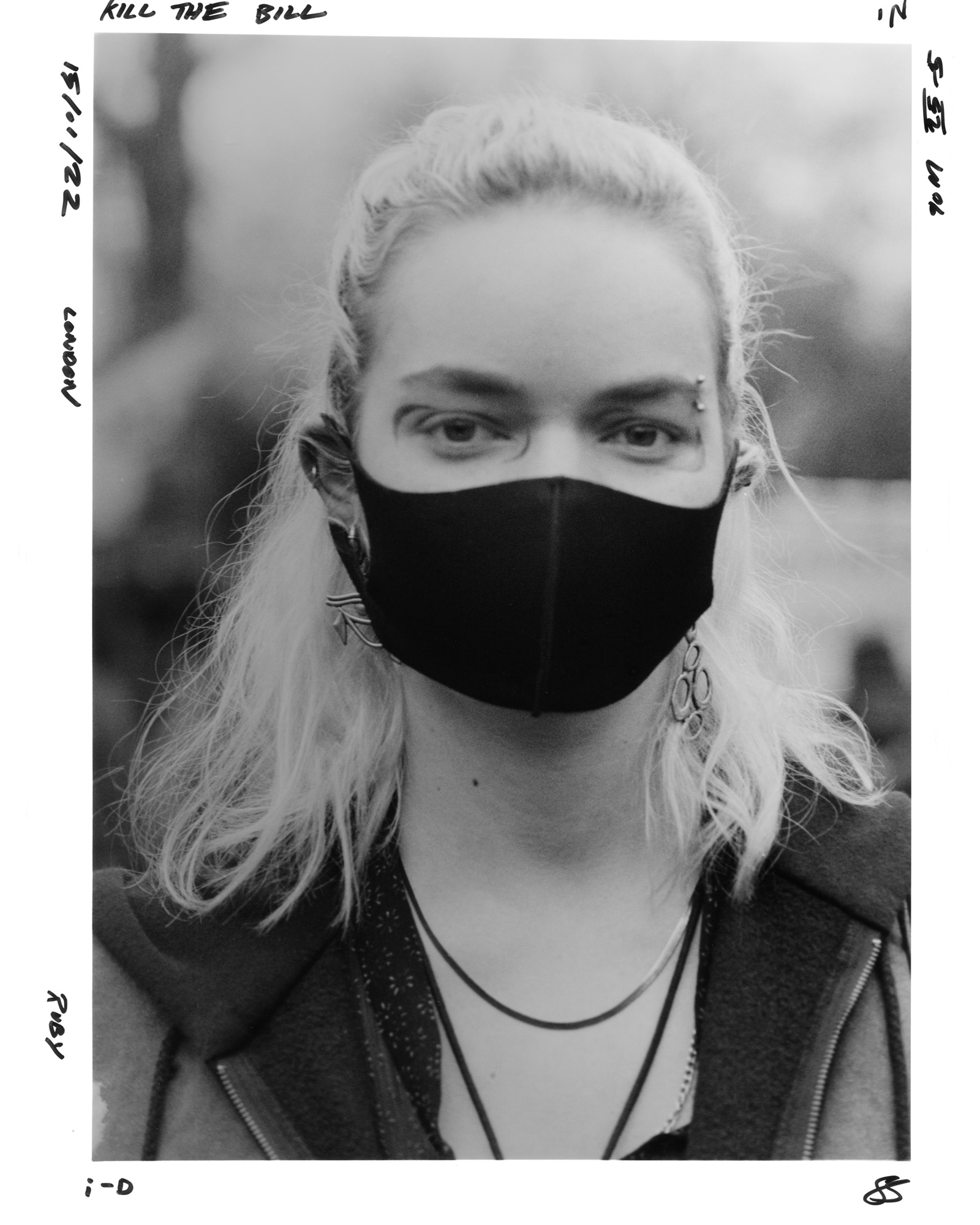 close up of a protester wearing a face mask at the Kill the Bill protest