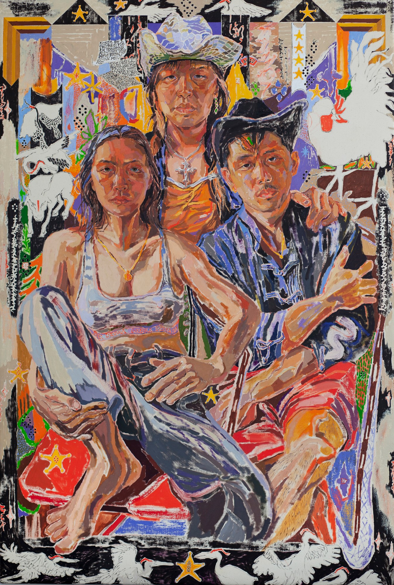 an oil painting of three people