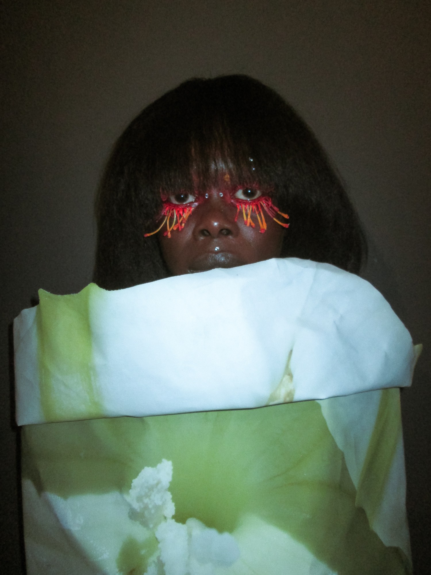 Model wearing a green paper outfit and eye makeup made of flower petals.