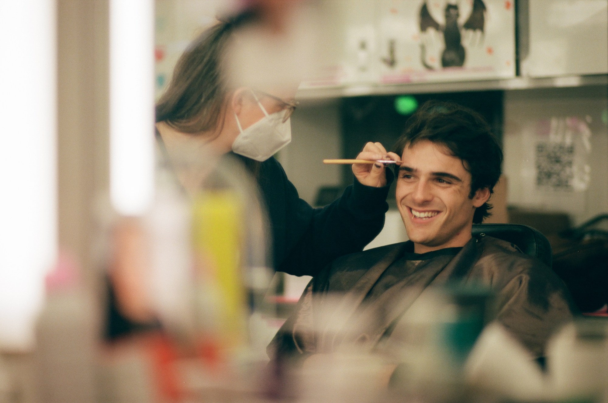 Jacob Elordi in make up chair on the set of Euphoria