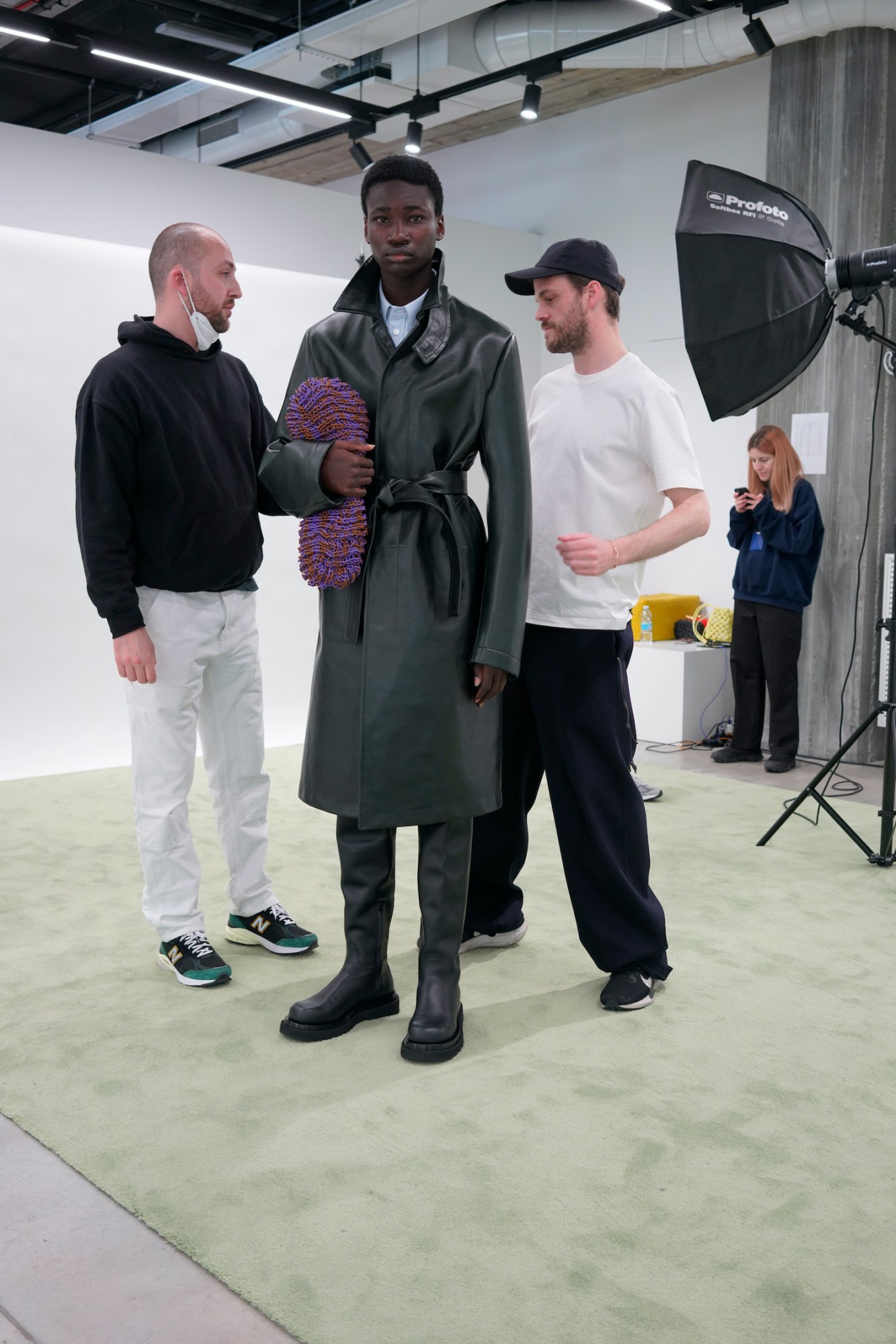 BTS photo of model fittings at the Bottega Veneta AW22 Milan show