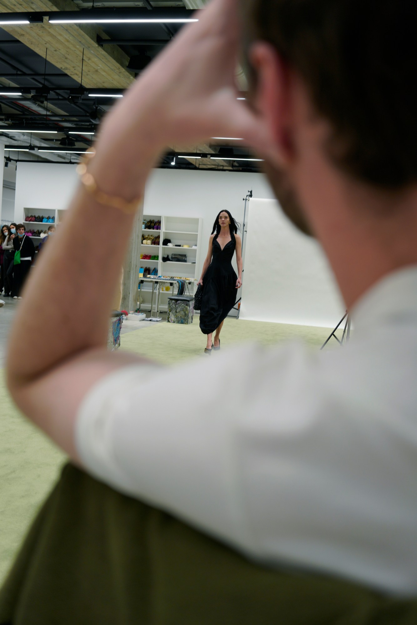 BTS photo of model fittings at the Bottega Veneta AW22 Milan show