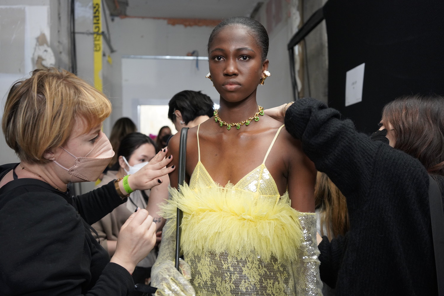 BTS photo of model fittings at the Bottega Veneta AW22 Milan show