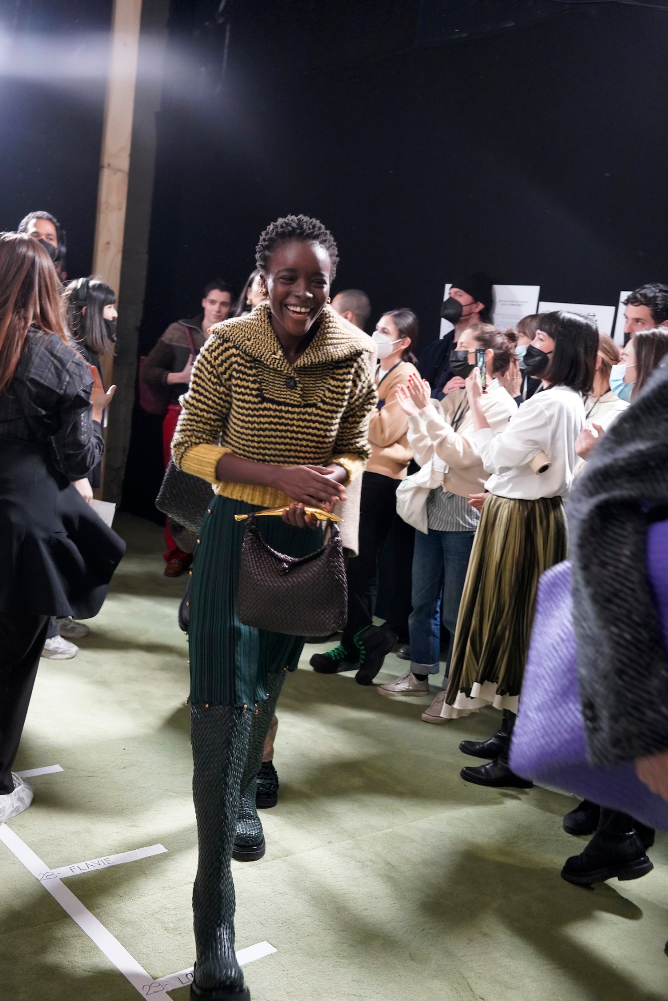 BTS photo of model fittings at the Bottega Veneta AW22 Milan show