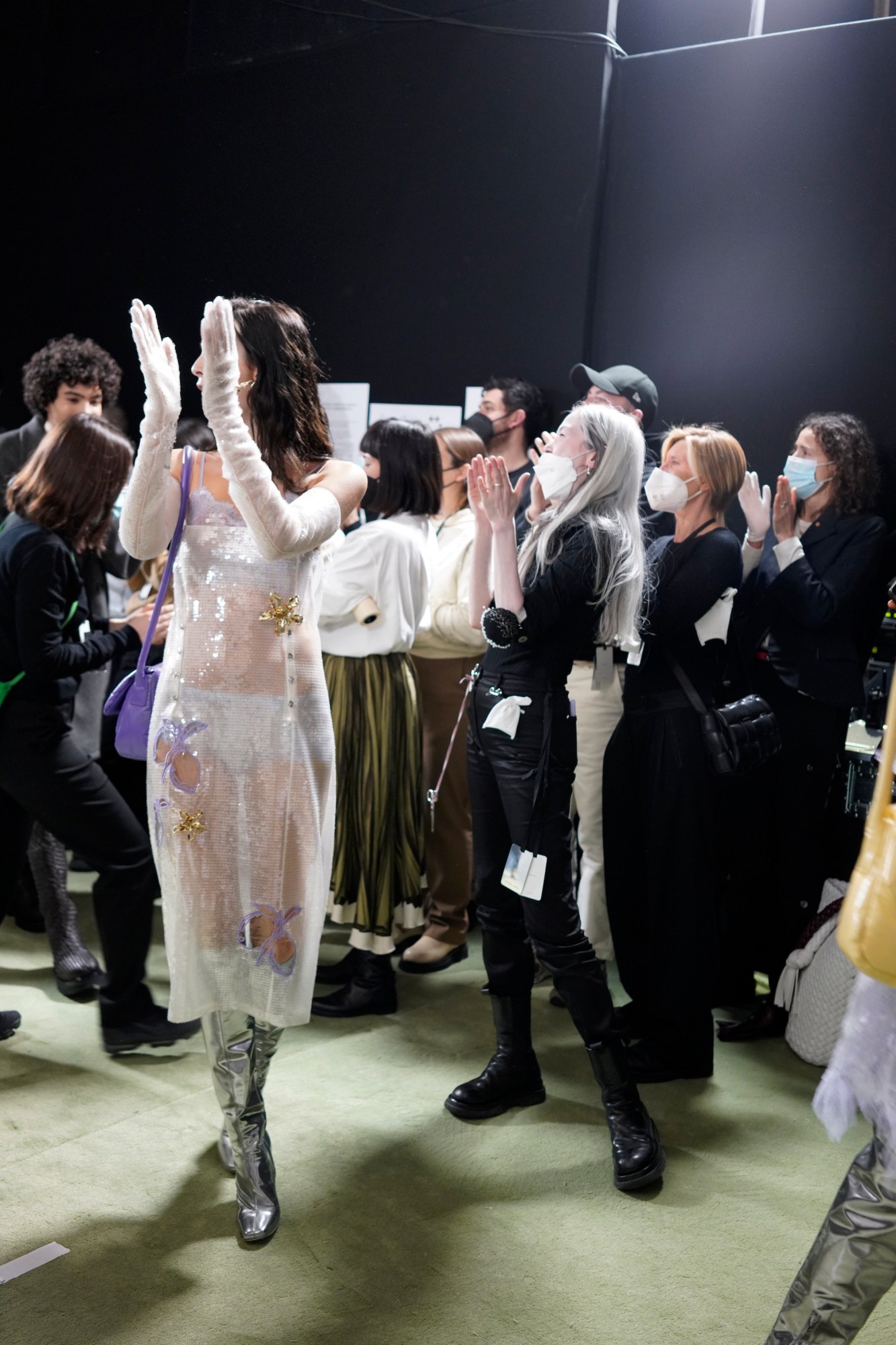 BTS photo of model fittings at the Bottega Veneta AW22 Milan show