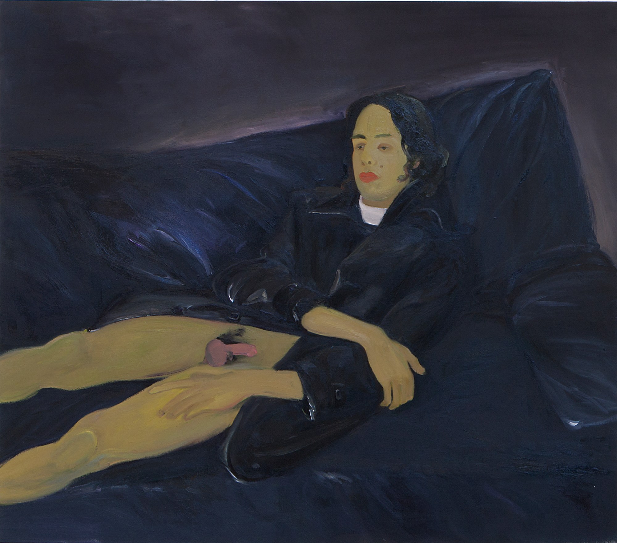 A man on a couch without pants, wearing a leather jacket by Xinyi Cheng