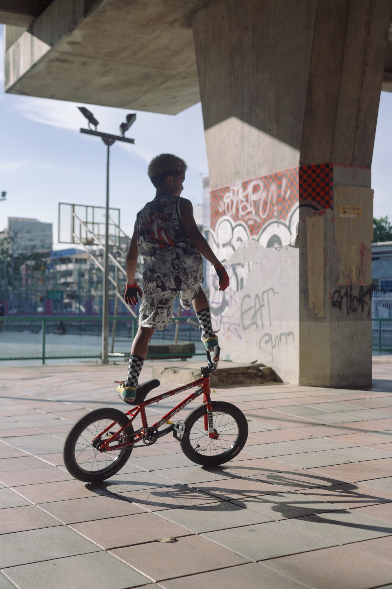 boy standing on the seat and handle bars of a bike.