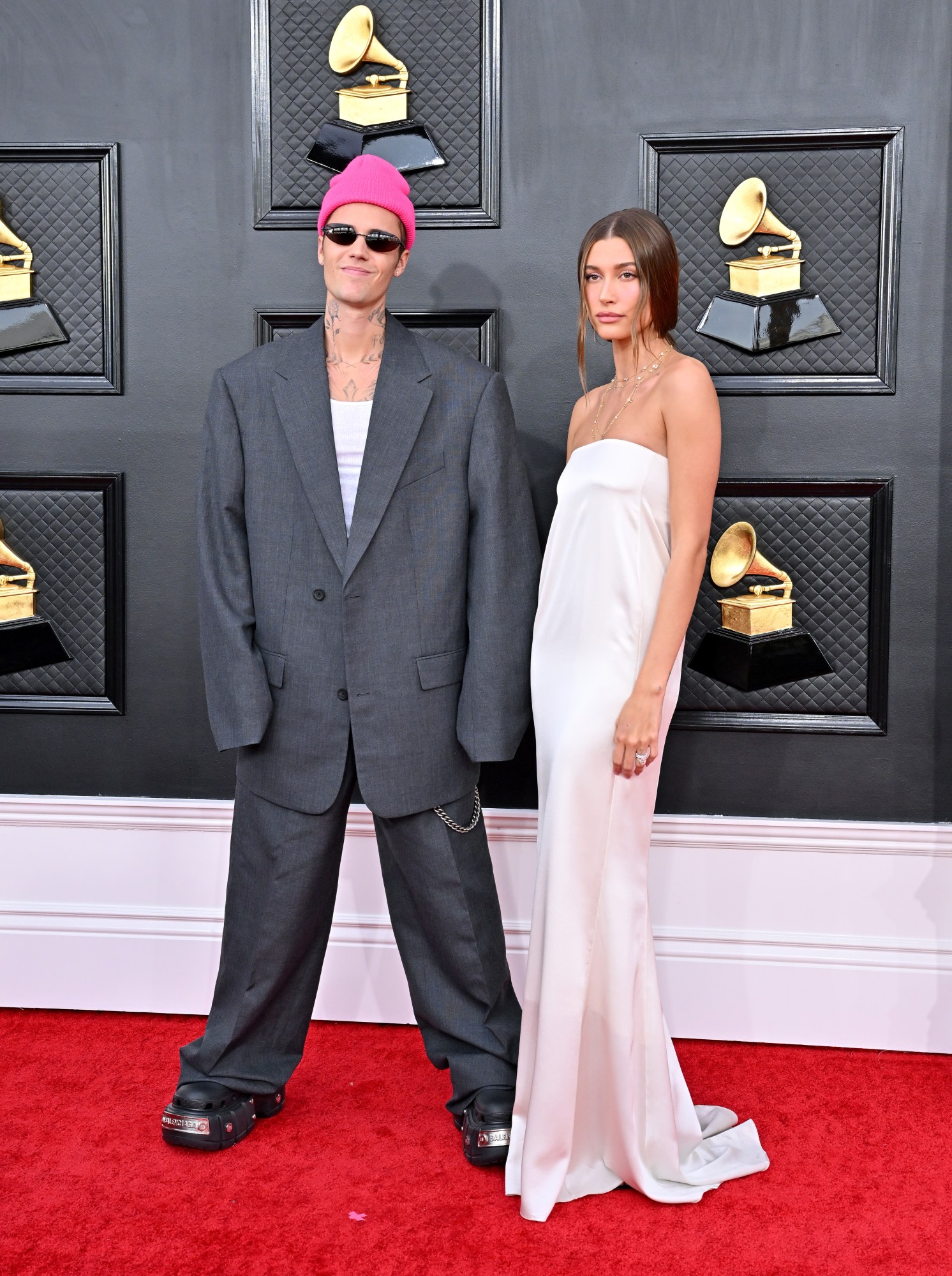 justin bieber in balenciaga and hailey bieber in saint laurent at the grammys 2022