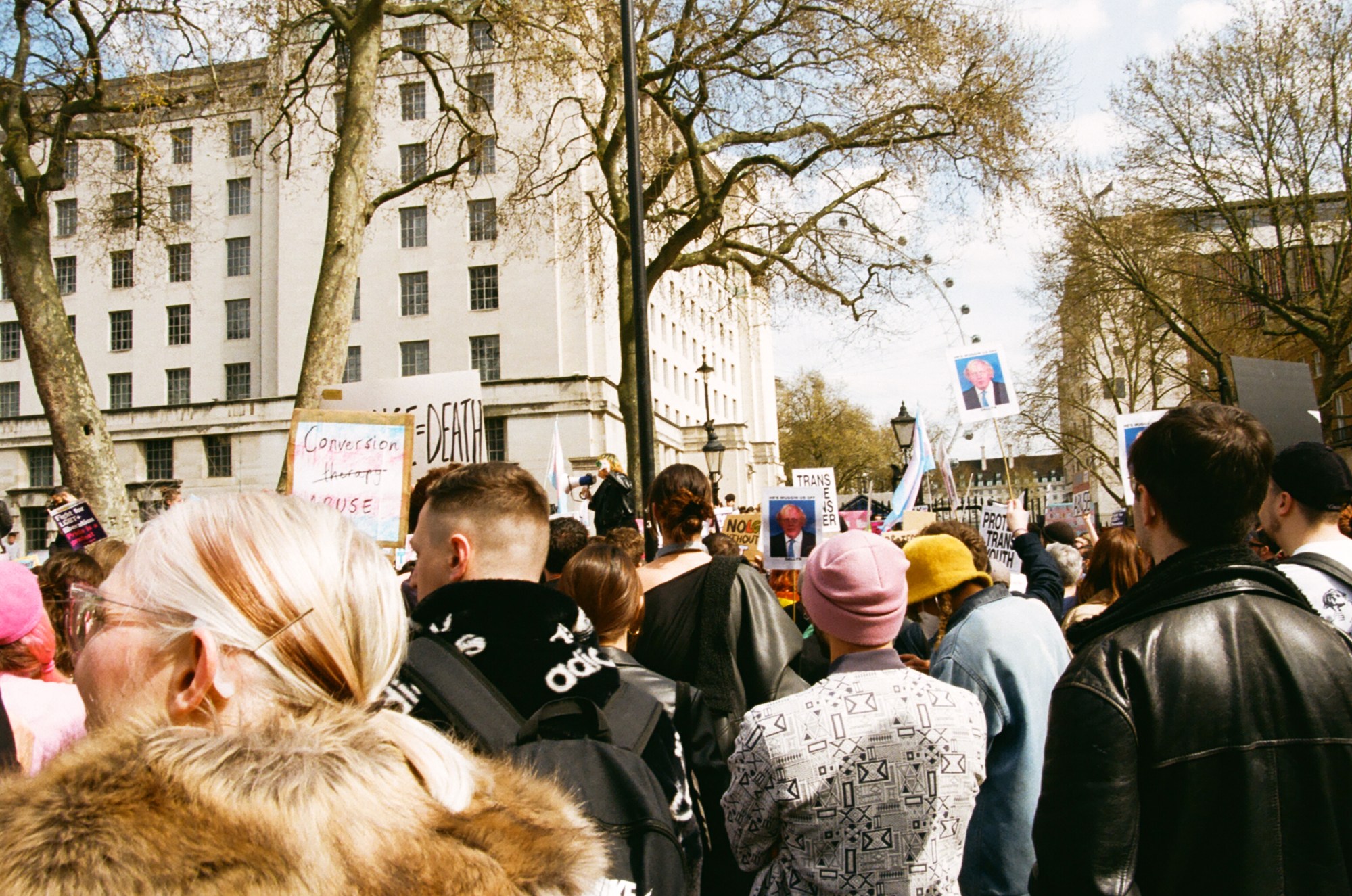 Protesters at the ban trans conversion therapy protest at Downing Street, London.