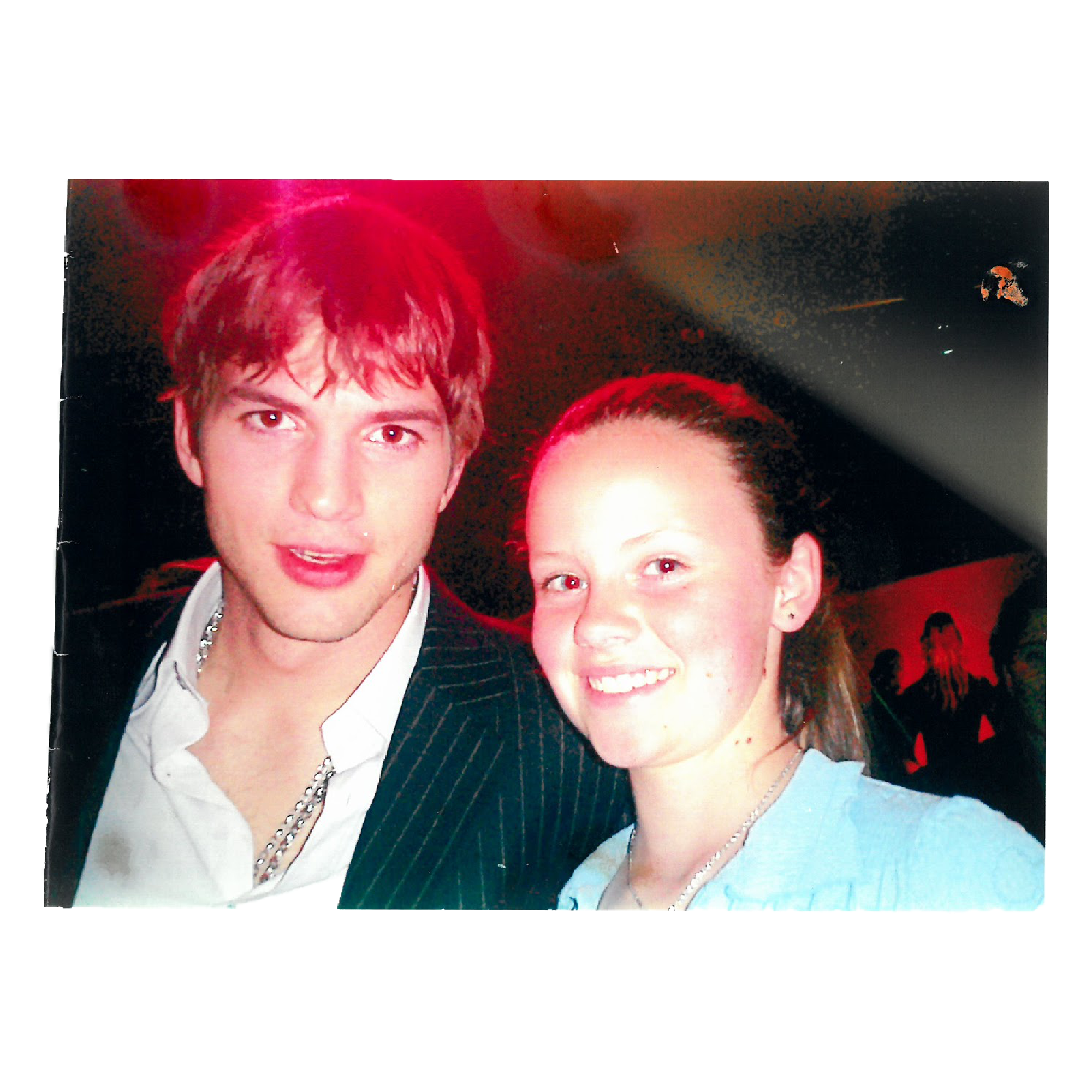 sarah ramos (as a child) and ashton kutcher pose for a selfie