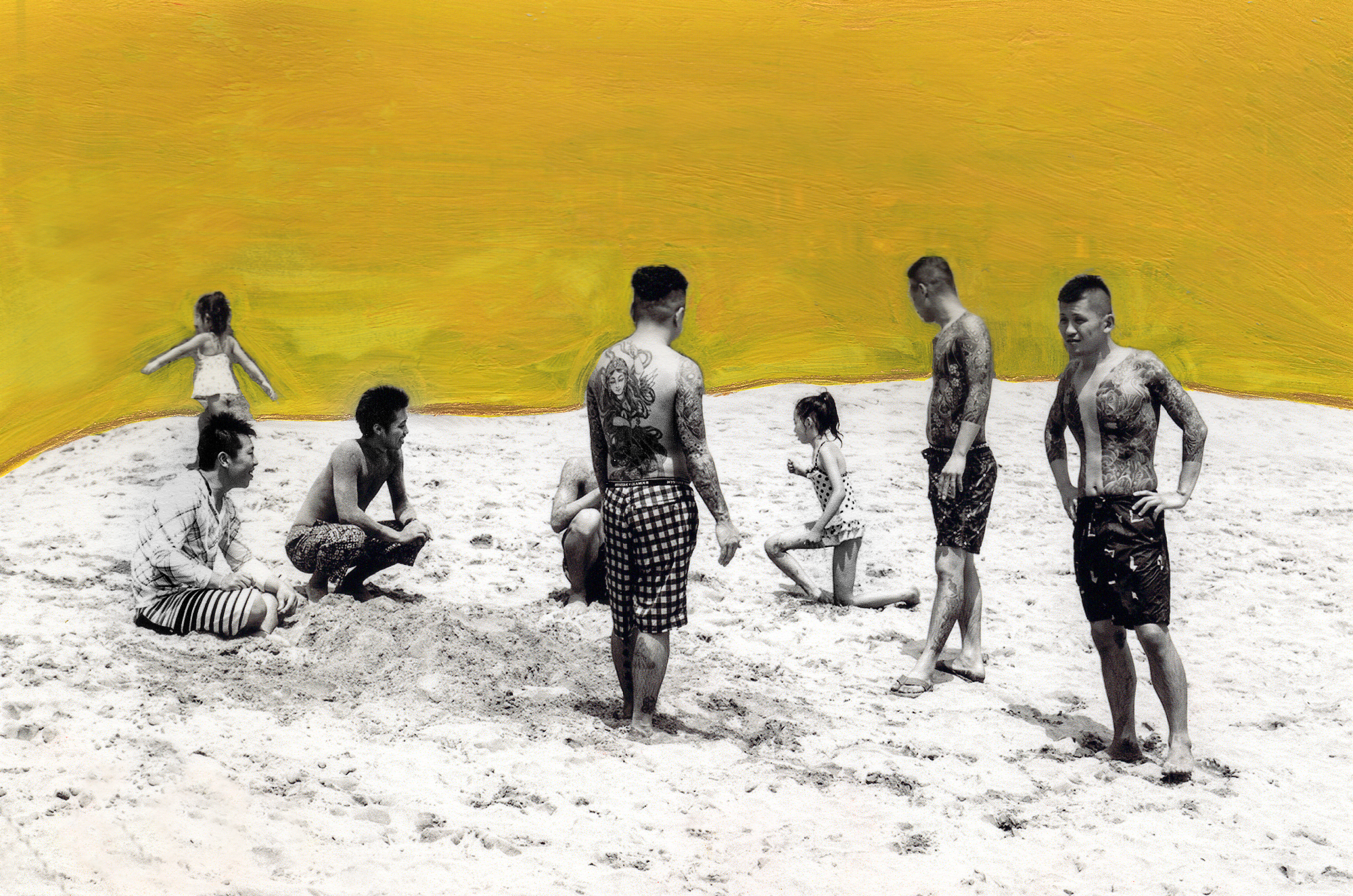 chloe jafe photo of yakuza recruits on the beach, with a watercolour background