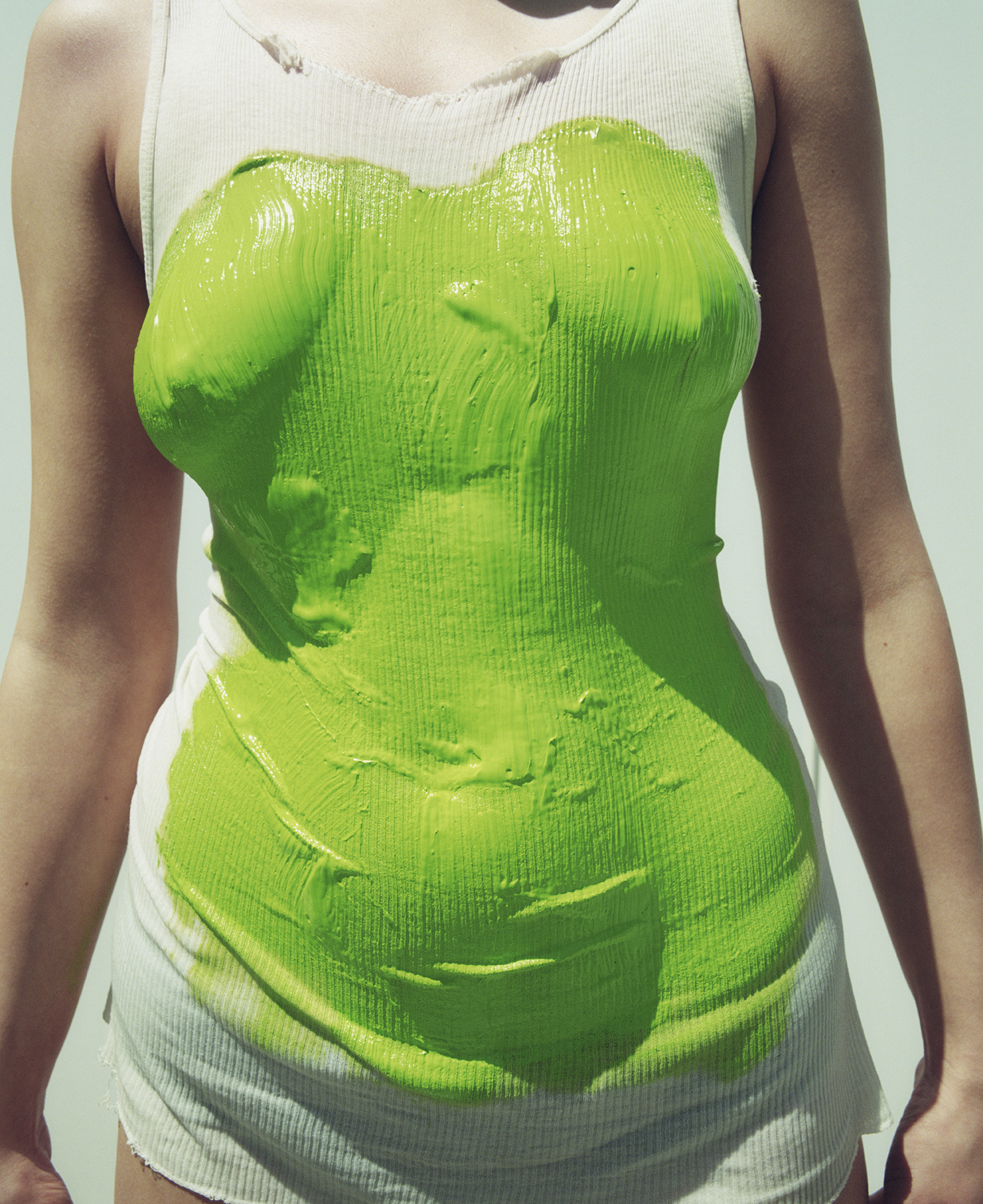 Celina Ralph with green paint on her dress in the Zoë Ghertner story in i-D 368 Earthrise Issue