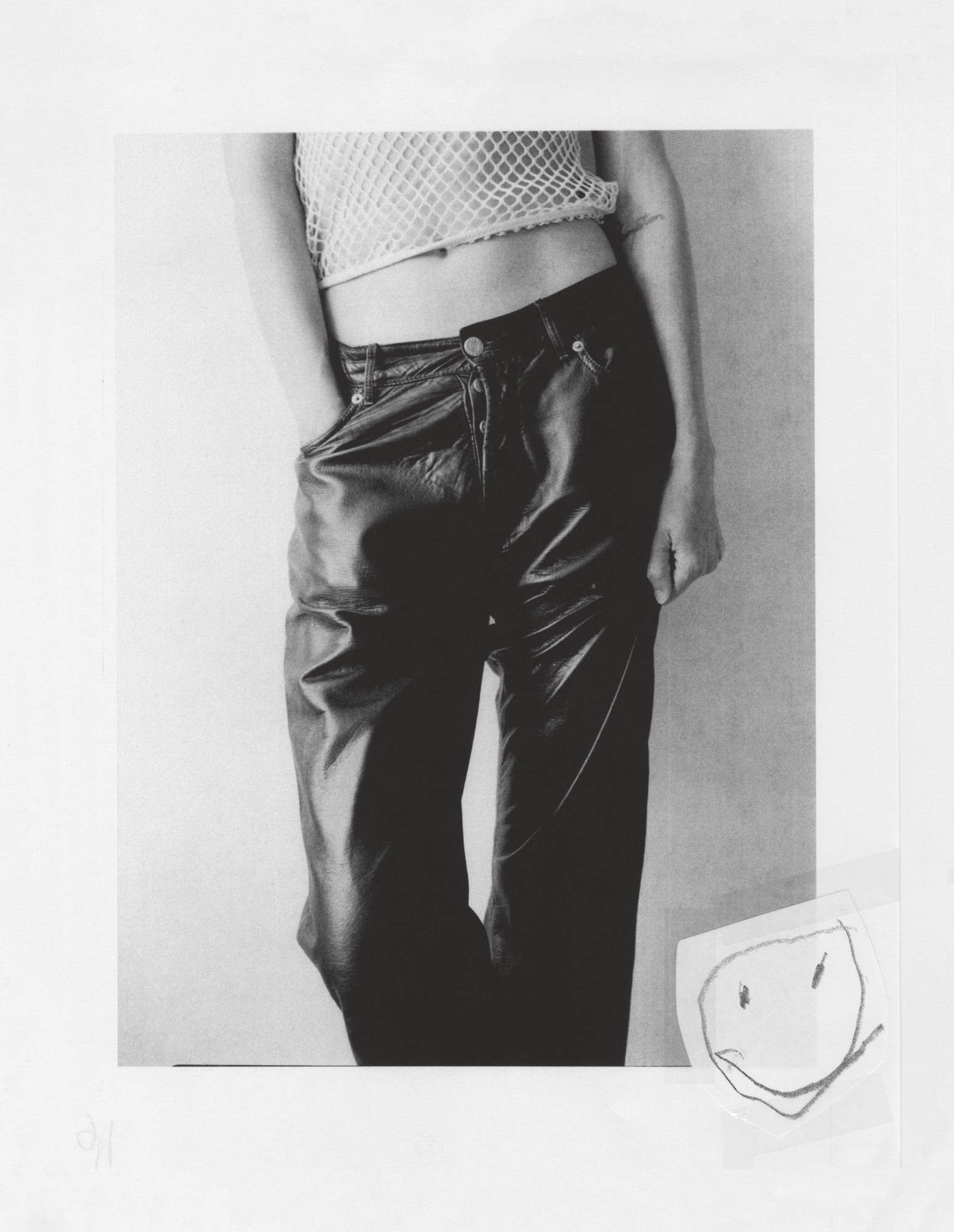 model wearing white vest and leather trousers in the Stef Mitchell story in I-D 368 The Earthrise Issue