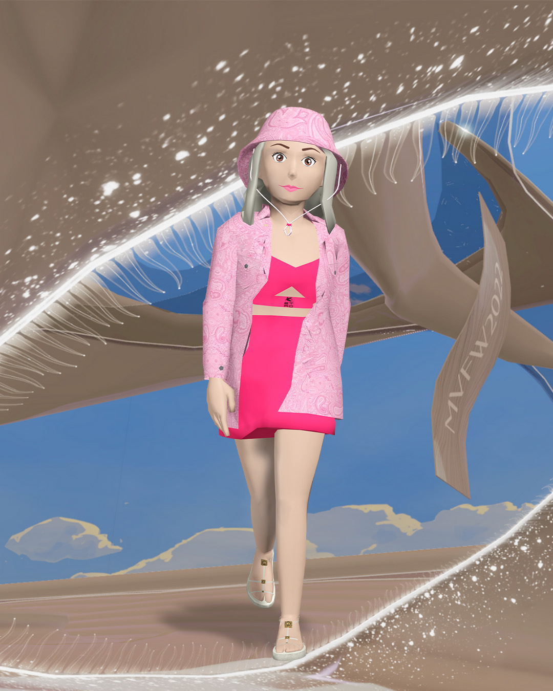 Avatar wearing pink skirt, top, shirt and bucket hat in Etro Metaverse Fashion Week