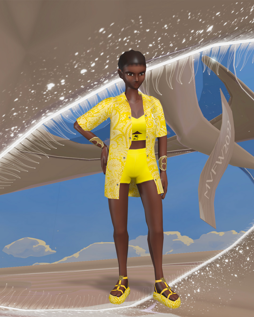 Avatar wearing yellow shorts, top, shirt and sandals in Etro Metaverse Fashion Week