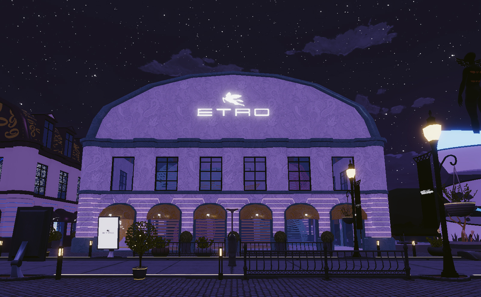 Etro building in Metaverse Fashion Week at night