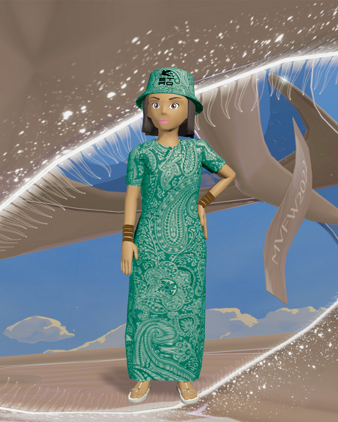 Avatar wearing green print dress and bucket hat in Etro Metaverse Fashion Week