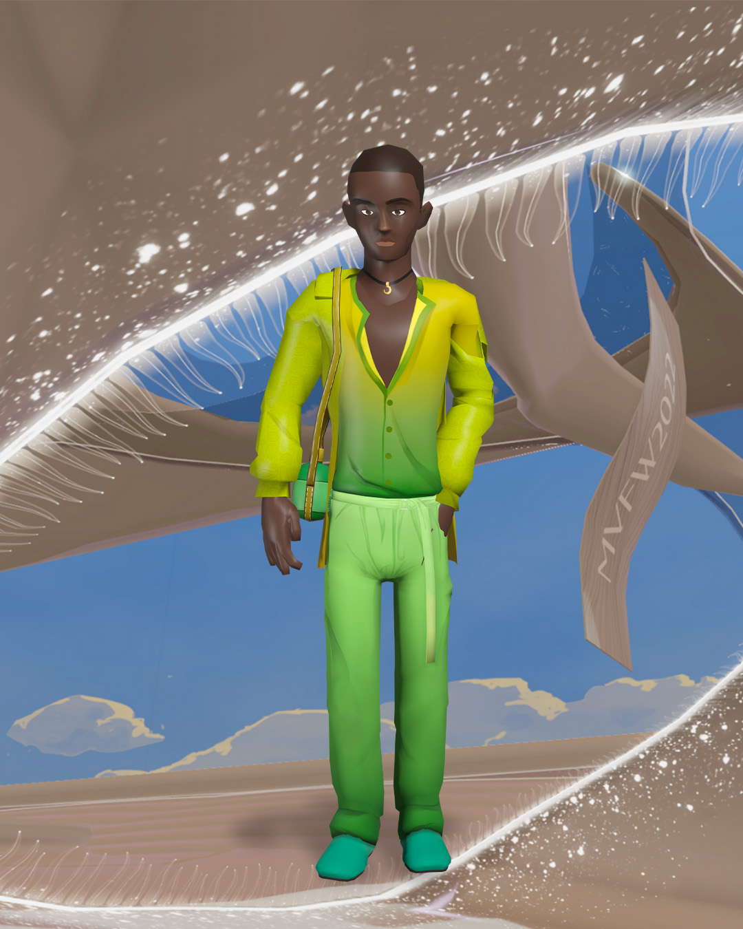 Avatar wearing green and yellow hue trousers and shirt in Etro Metaverse Fashion Week