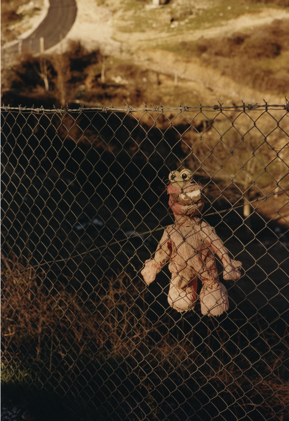 An Elmo toy attached to the fence next to the river Vjosa in Albania