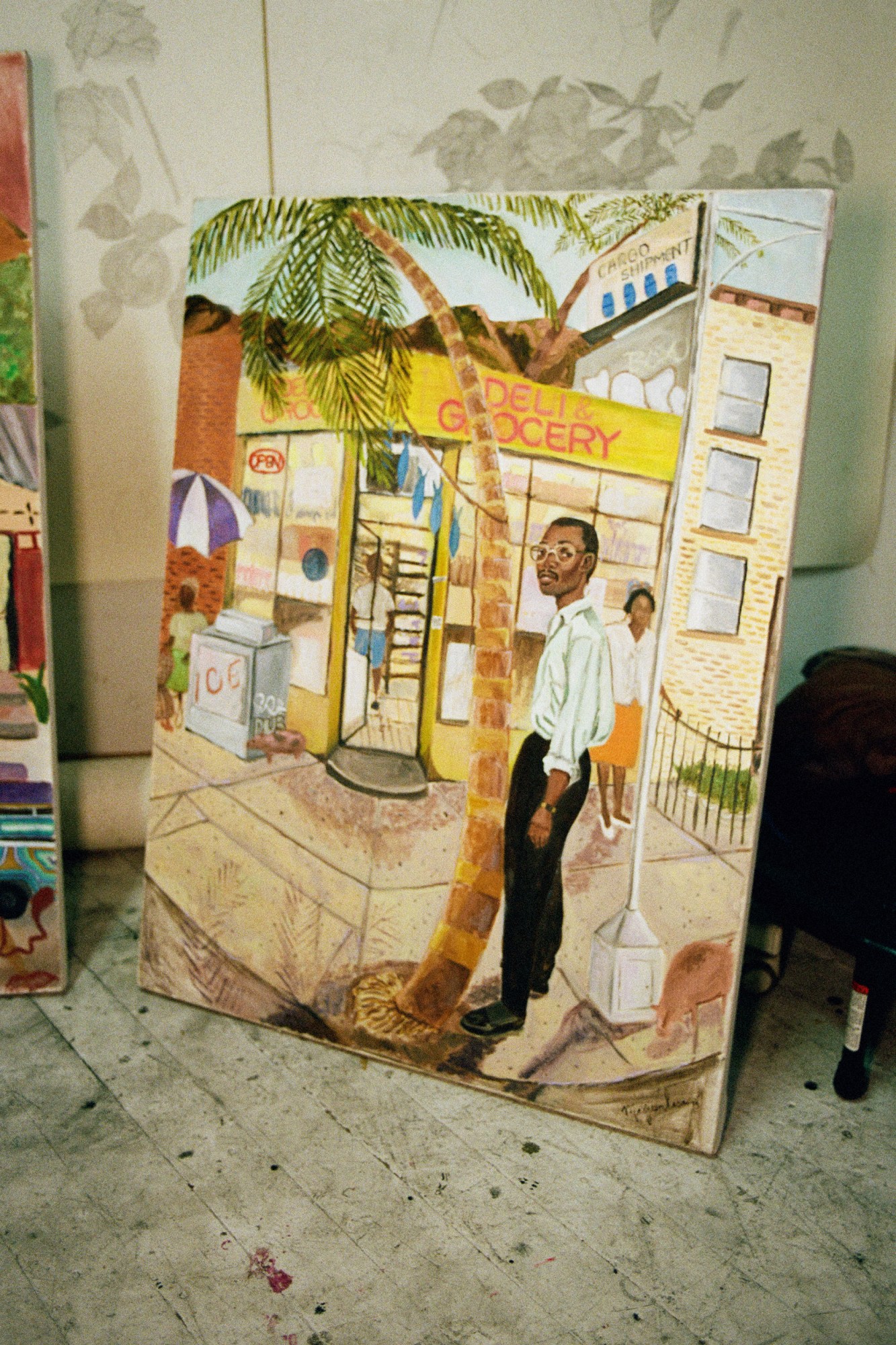 A painting of Madjeen Isaac's father at her studio in Greenpoint, Brooklyn.