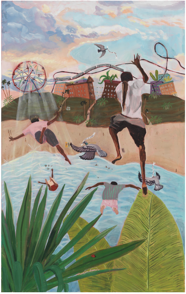 People having fun during the summer, surrounded by city, water, and tropical plants in a painting by Madjeen Isaac.