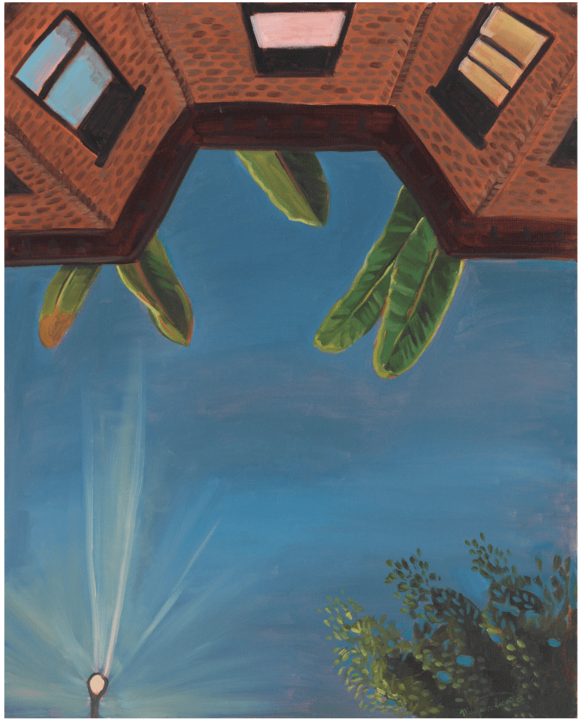 A painting featuring the tops of buildings, a streetlight, and tropical plants by Madjeen Isaac.