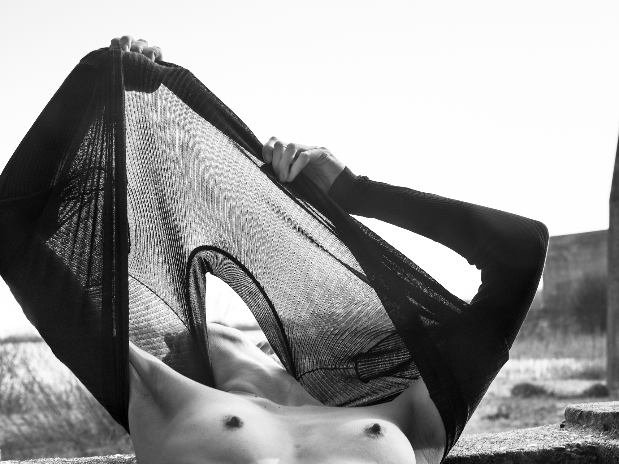 a woman stretches an organza top over her head exposing her breasts in a photo by olivia arthur