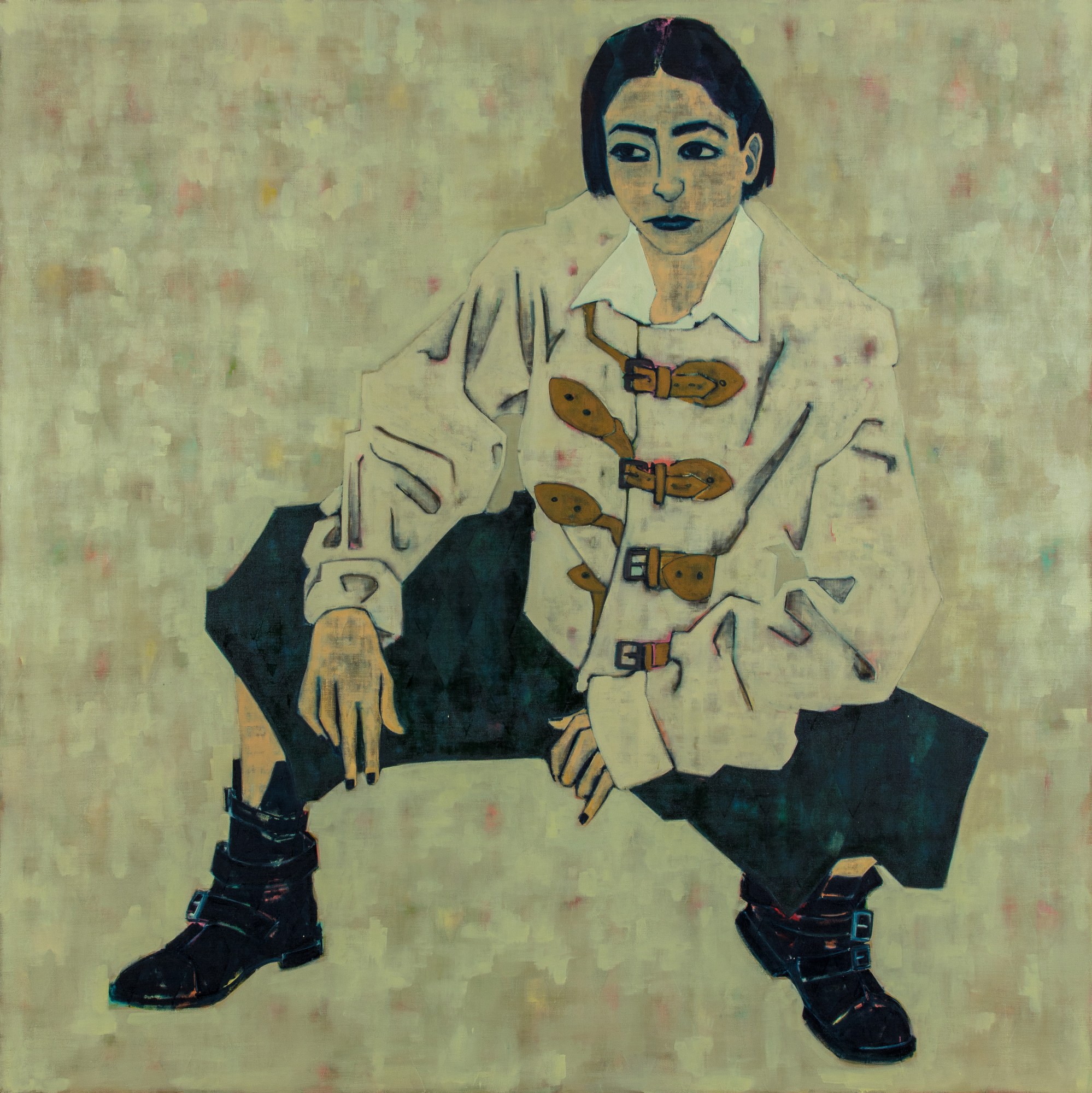 Painting of a woman in black trousers and boots posing in a strait jacket.