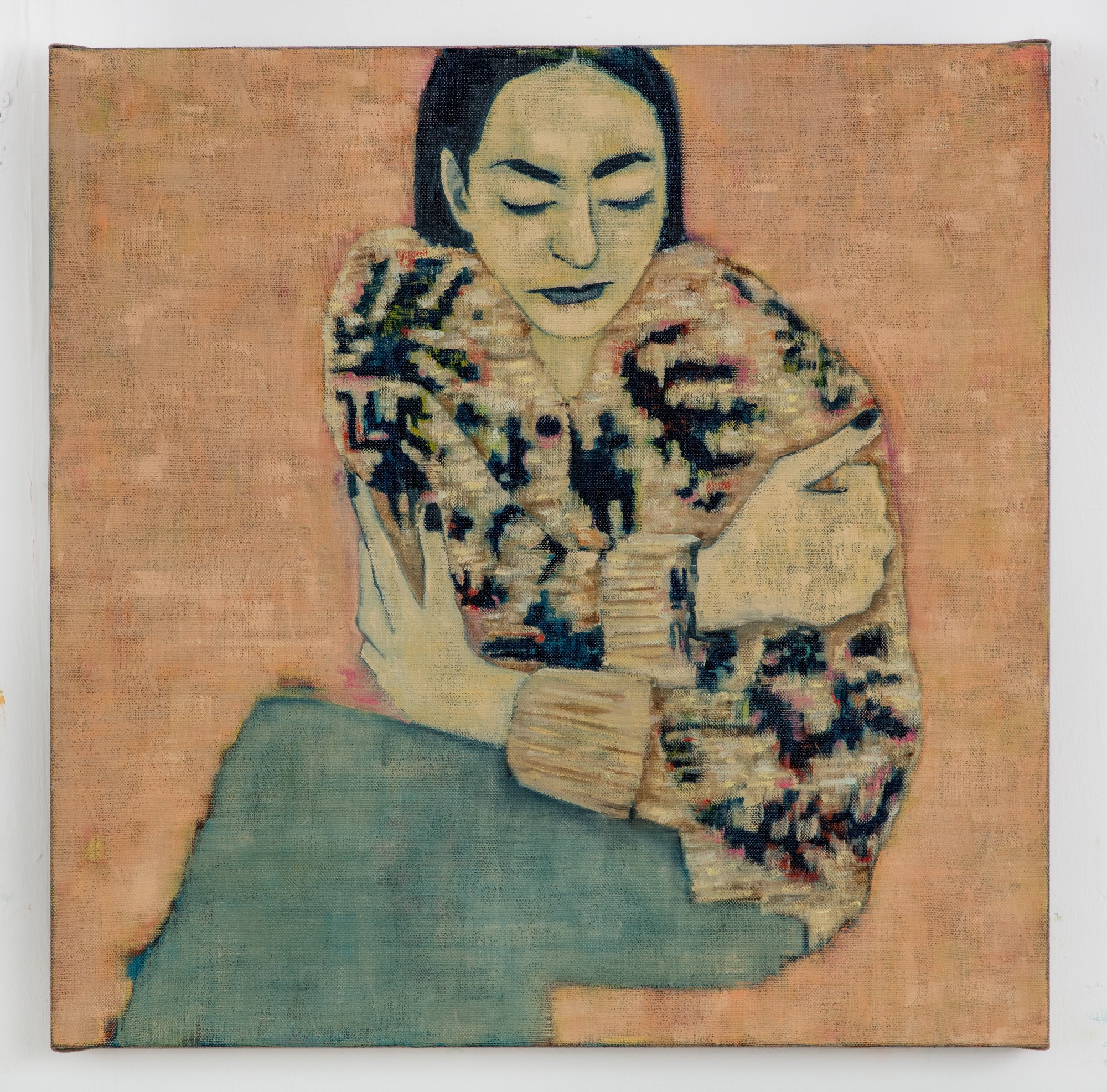 Painting of the outline of a woman wearing a blue skirt and colourful jumper hugging herself.