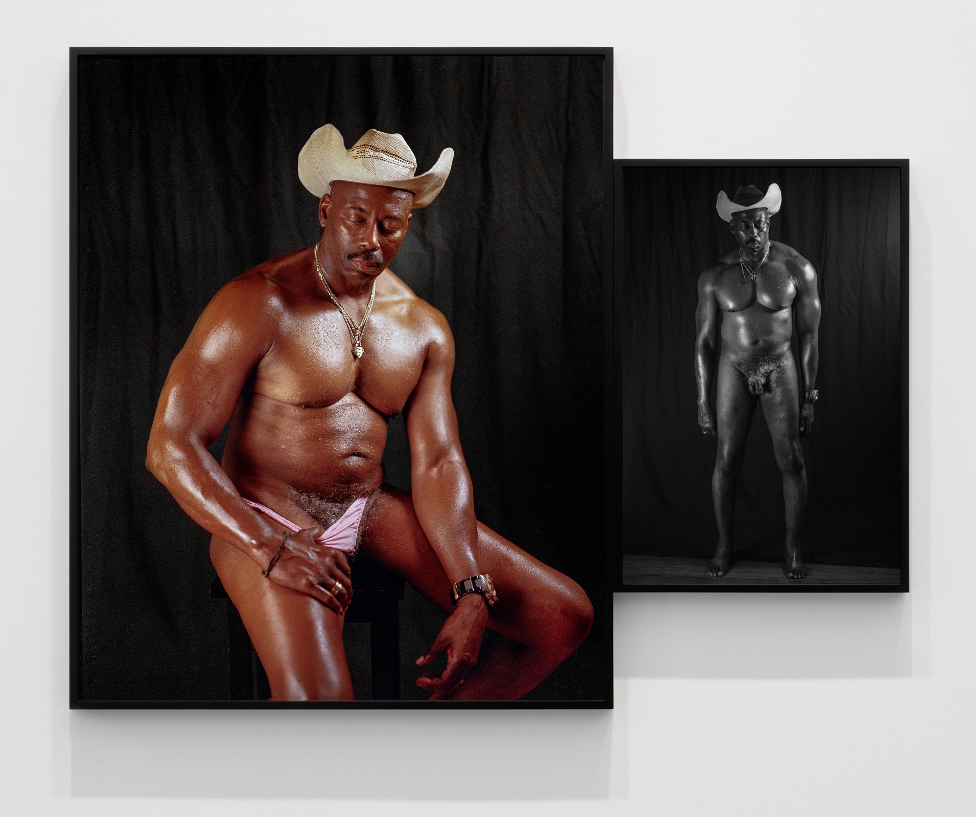 Two photos of a man wearing a cowboy hat and a necklace. in one he's wearing a pink g-string, in the other he is nude.