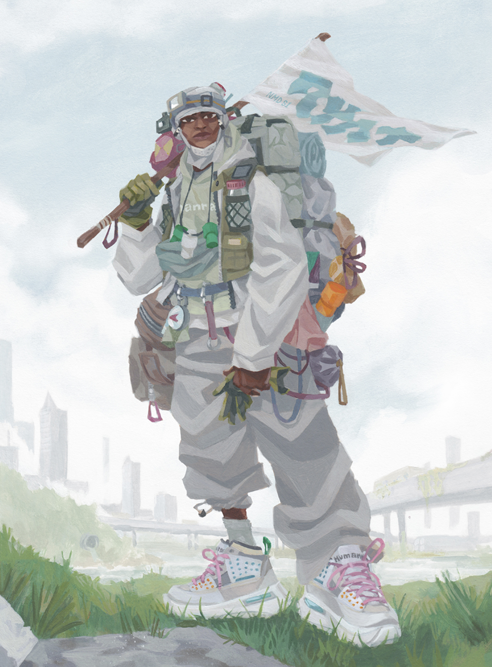 Artwork for Humanrace of a man in a white tracksuit with trainers, a travel backpack and holding a white flag.