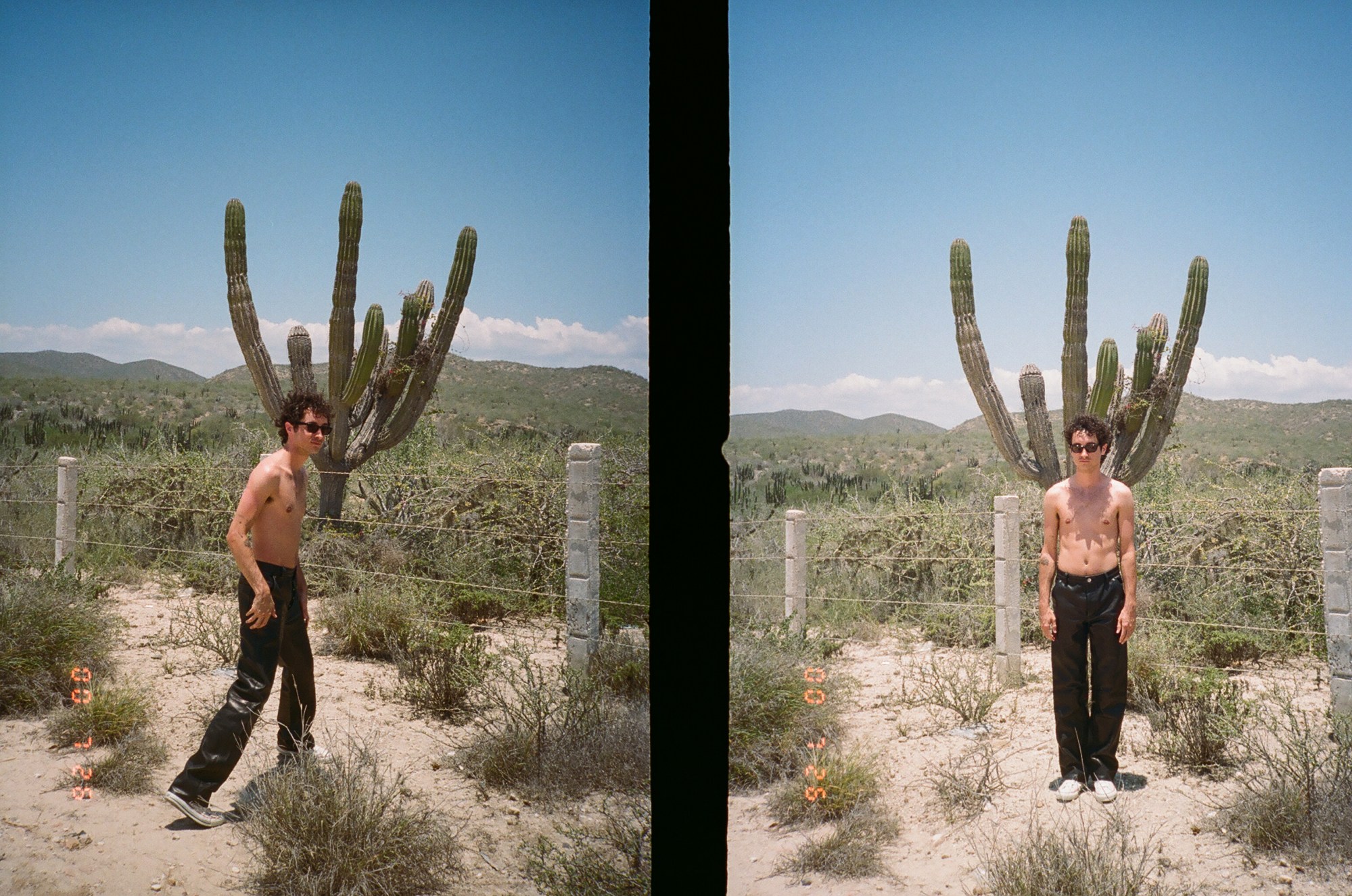 a shirtless guy standing in front of a cactus across two frames