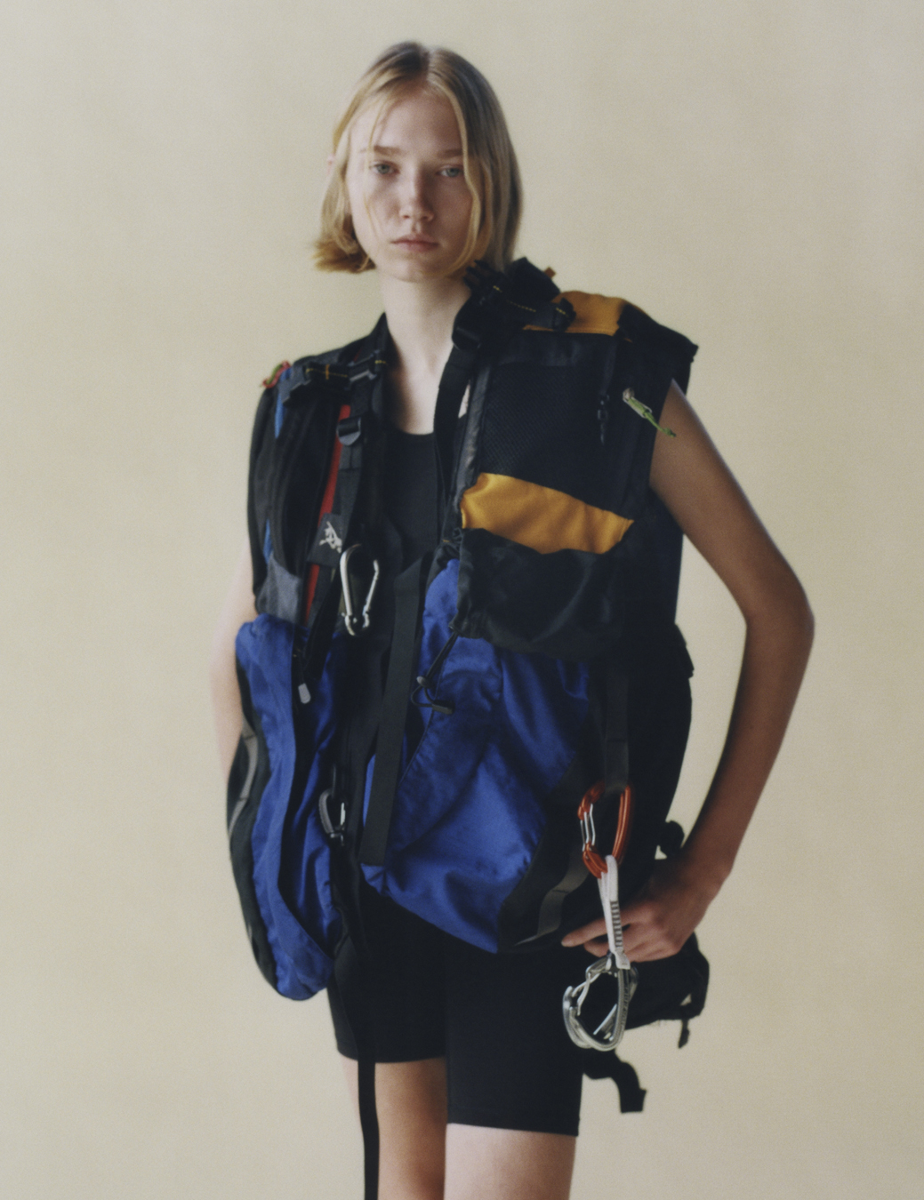 Model wearing upcycled ARC’TERYX pieces by Nicole McLaughlin in i-D 368 The Earthrise Issue