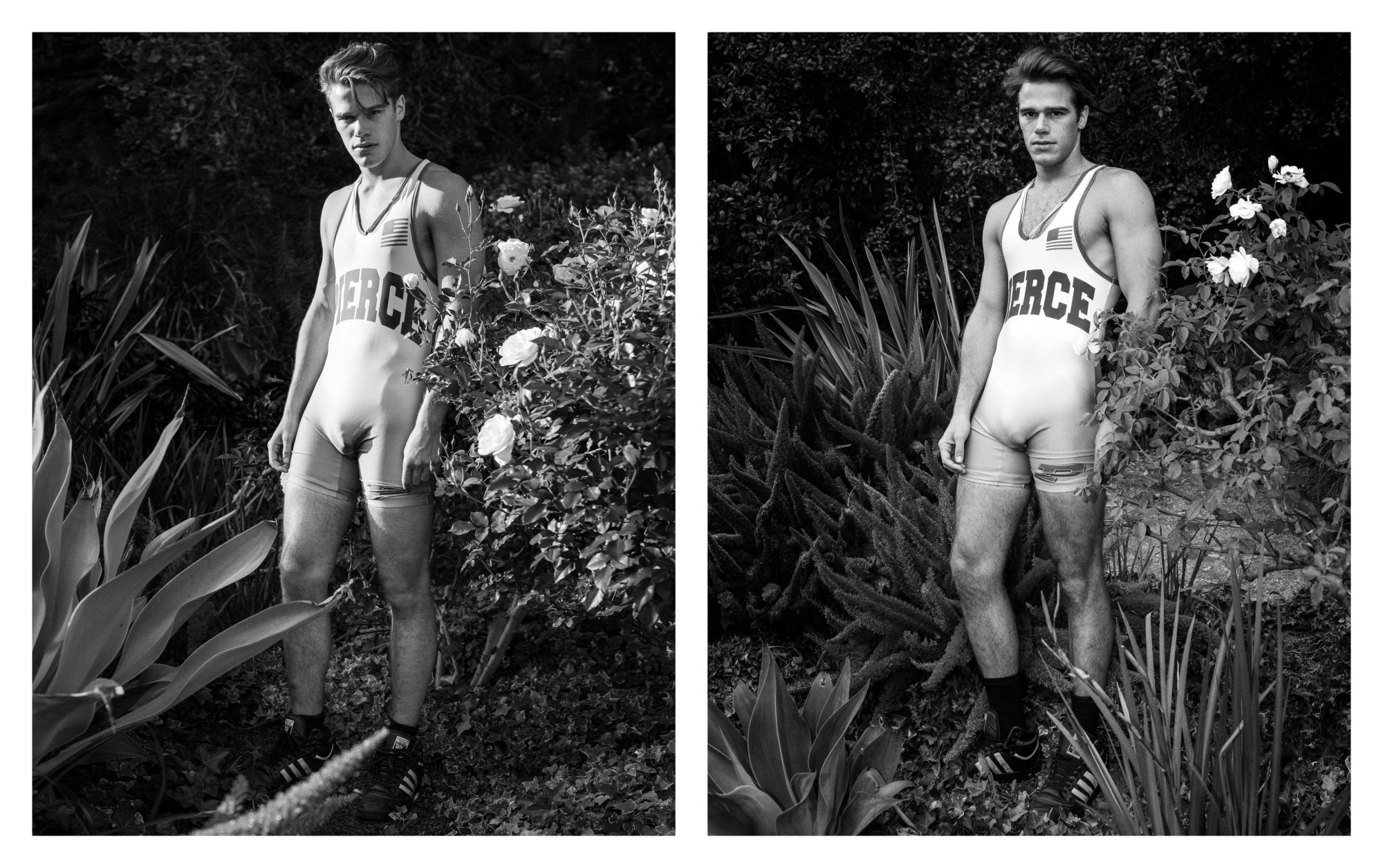 double image: l is a black and white shot of a model in a wrestling singlet surrounded by foliage, r is an image of the same model in the same singlet but 10 years older