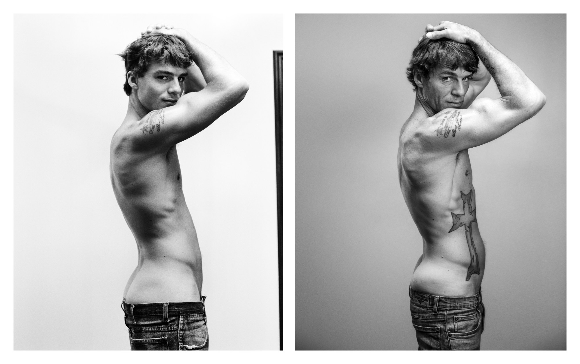 double image: l is a black and white side shot of a half nude model wearing jeans low around his crotch, r is an image of the same model in the same pose but 10 years older