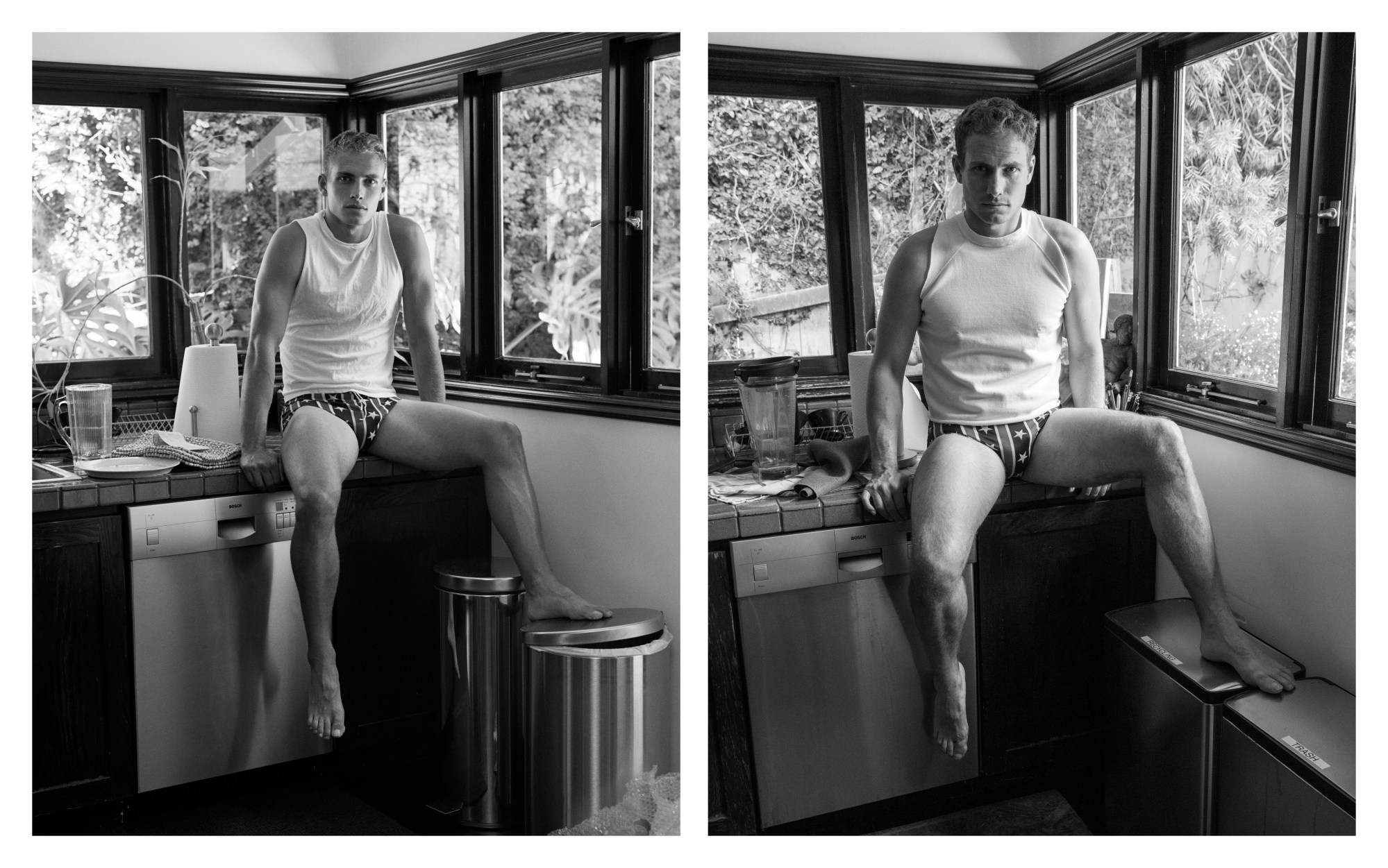 double image: l is a black and white side shot of a model sitting on a kitchen counter, r is an image of the same model in the same location and pose but 10 years older