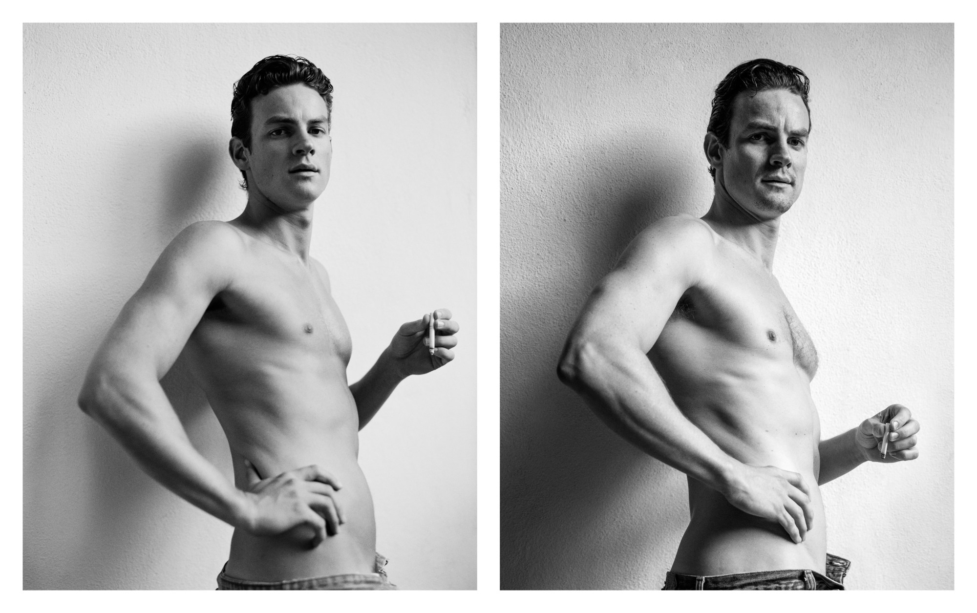 double image: l is a black and white shot of a topless model holding a cigarette, r is an image of the same model in the same pose but 10 years older