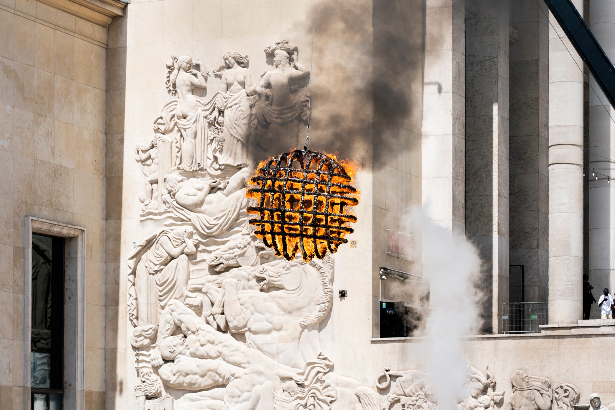 Metal ball on fire at Rick Owens SS23 menswear show