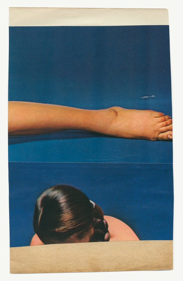 A split image of an outstretched leg and a woman's head on a blue background.