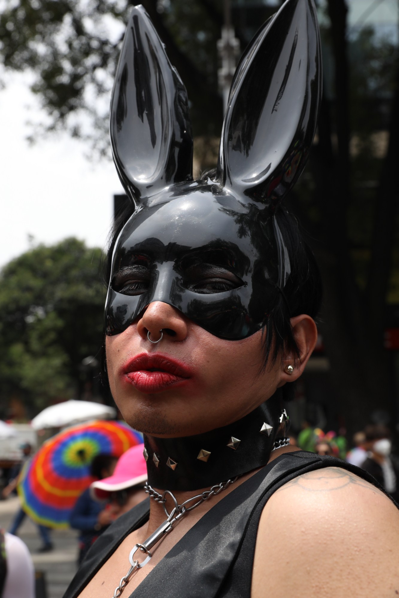 person whearing a choker and bunny ear mask at Mexico Pride 2022