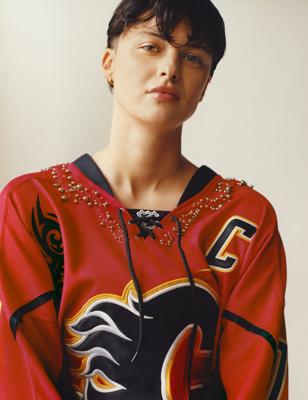 model wearing a red sports top in i-D 369 the Earthrise issue