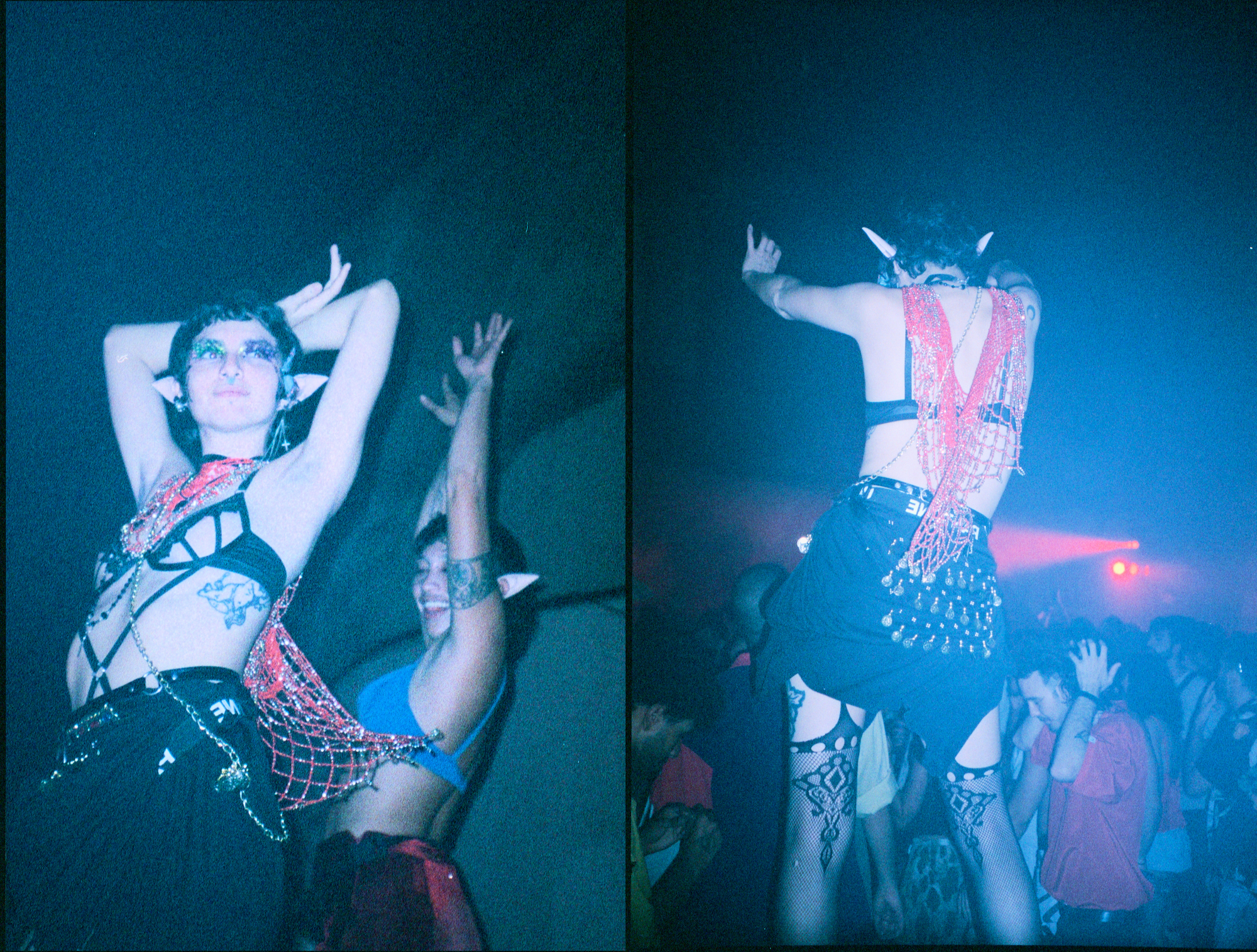 diptych of a girl dancing in lingerie at a rave in brazil