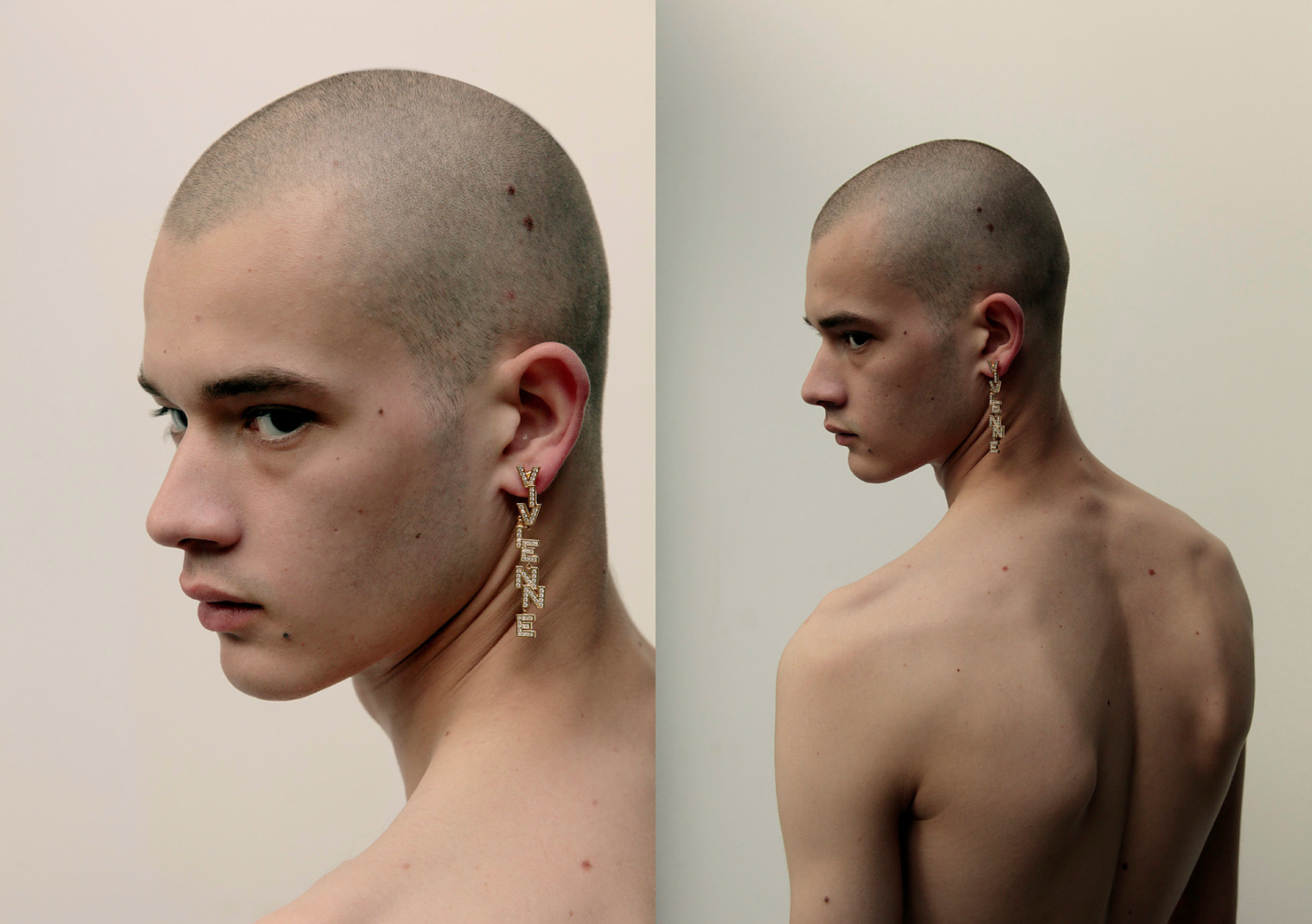 side by side image of a man with a shaved head and drop earring shot in profile