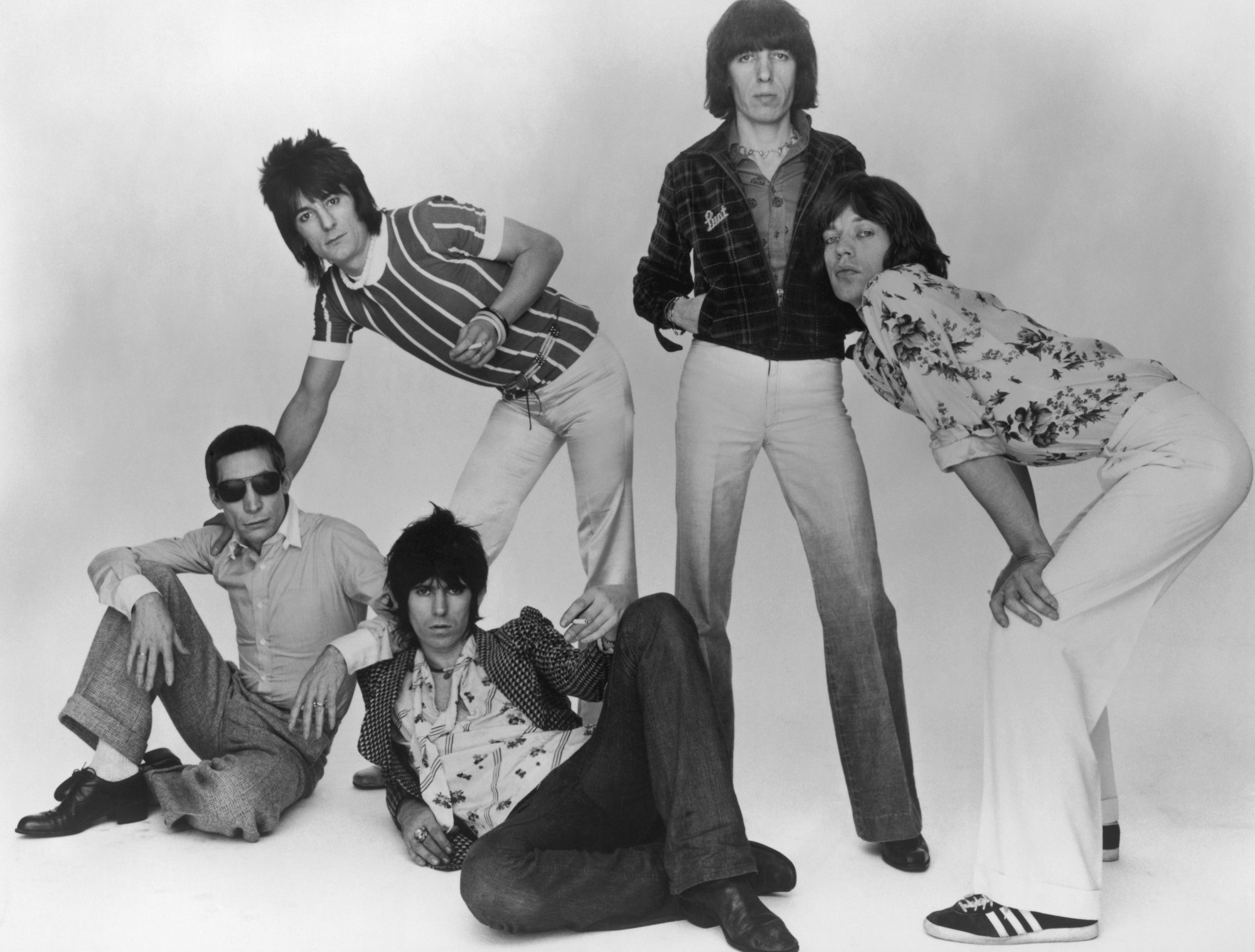 The Rolling Stones, 1977. Left to right: Charlie Watts, Ron Wood, Keith Richards, Bill Wyman and Mick Jagger.