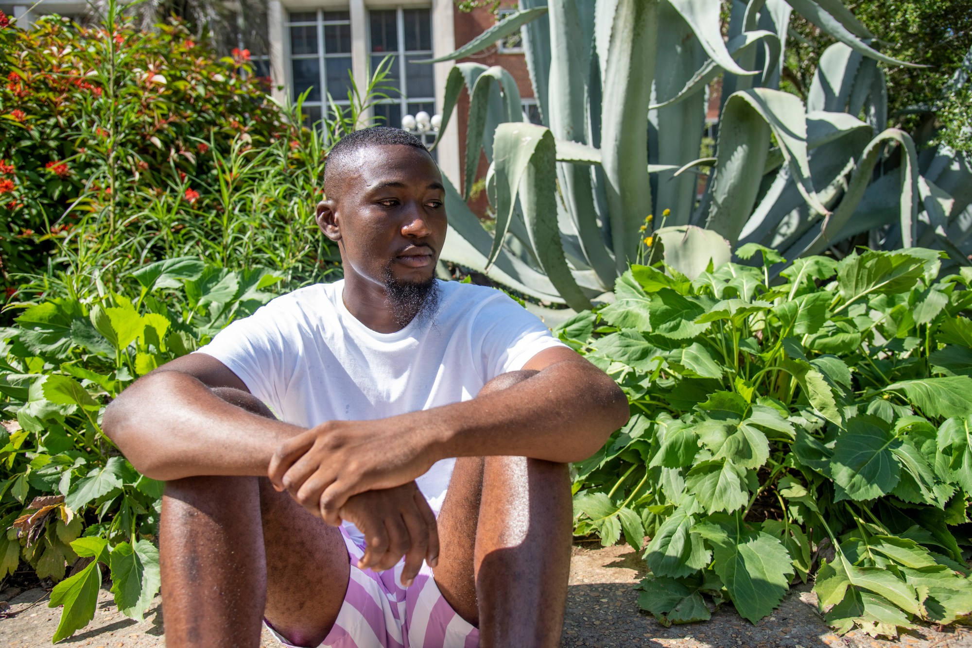 the author Arinze Ifeakandu sat amongst green plants