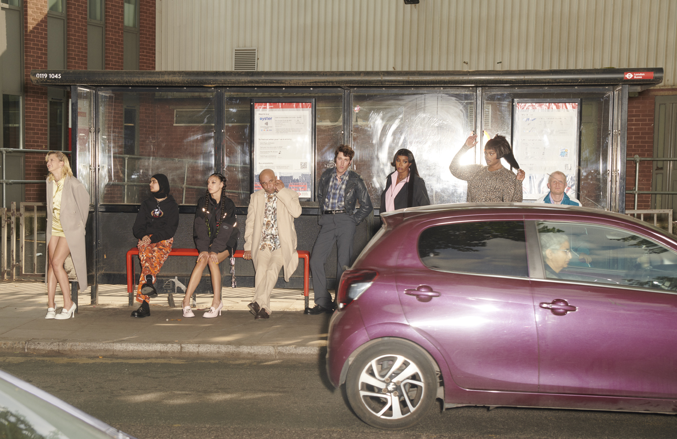 Naomi Campbell, Goldie and models at a London bus stop wearing Martine Rose in i-D no.369 The Ultra! Issue, Fall 2022