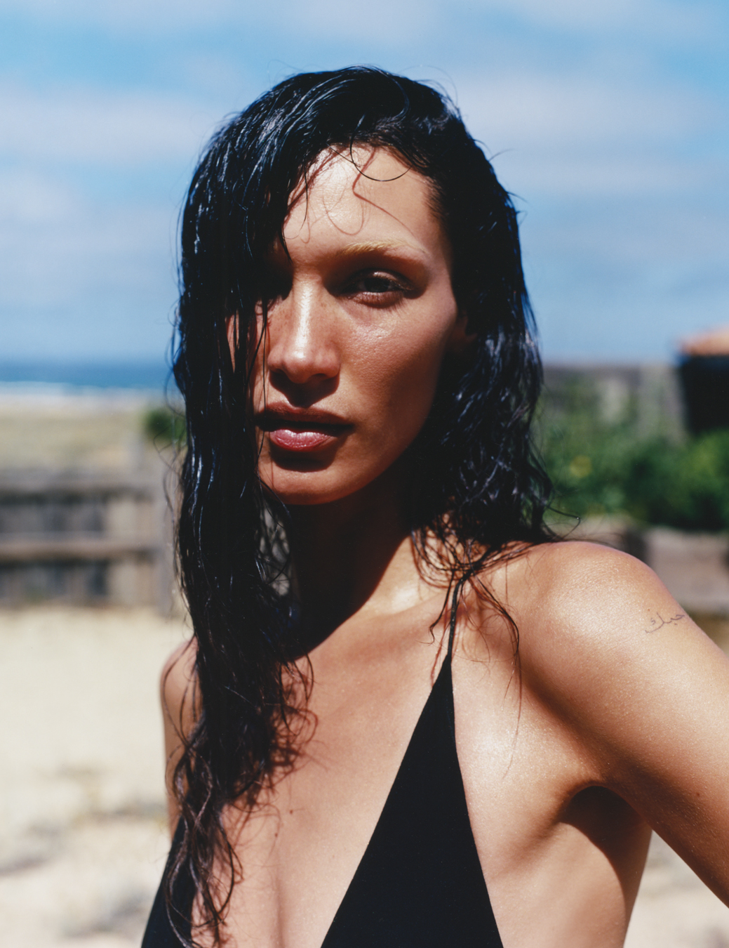 Bella Hadid on the beach photographed by Sam Rock in i-D No. 369 The Ultra! Issue, Fall 2022