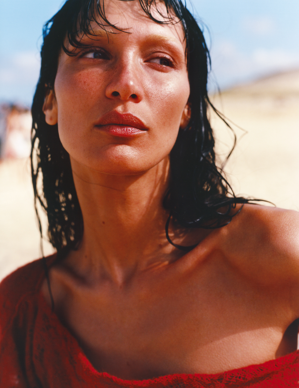 Bella Hadid on the beach photographed by Sam Rock in i-D No. 369 The Ultra! Issue, Fall 2022